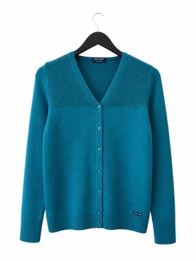 Saint James 100% Wool‎ Long Sleeve Ribbed V-Neck Cardigan US 4 Teal Blue
